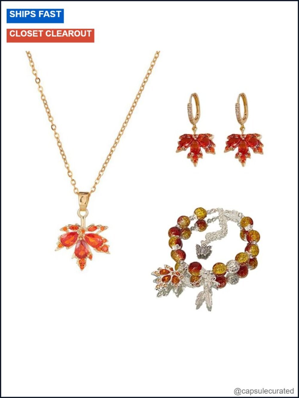 Maple Leaf Jewelry Set - Necklace Bracelet Earrings Rhinestone Fall Statement